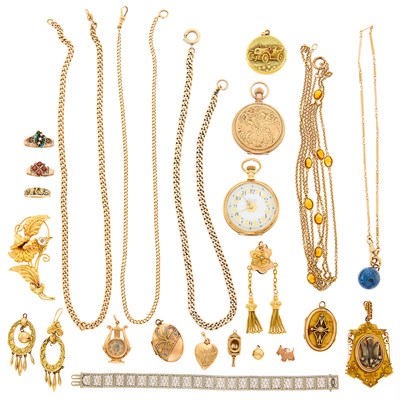 Lot 1153 - Group of Gold, Low Karat Gold and Gold-Filled Chains, Bracelets, Brooches and Items