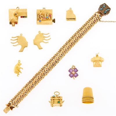 Lot 1097 - Gold Bracelet with Low Karat Gold, Turquoise and Split Pearl Clasp and Group of Charms and Thimble