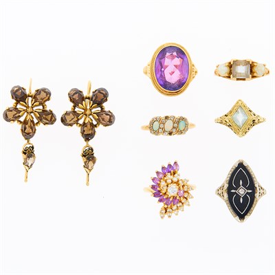 Lot 1135 - Six Gold and Gem-Set Rings and Pair of Earrings