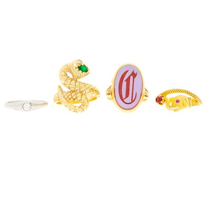 Lot 1136 - Four Gold, Platinum, Colored Stone, Diamond and Agate Rings
