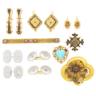 Lot 1133 - Group of Antique Gold and Metal Brooches, Pins, Cufflinks, Earrings and Earclips