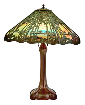 Lot 315 - Handel Patinated Metal and Slag Glass Tropical...