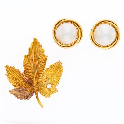 Lot 1096 - Pair of Gold and Mabé Pearl Earrings and Tiffany & Co. Gold and Diamond Leaf Brooch