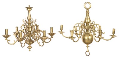 Lot 165 - Two Dutch Style Brass Six-Light Chandeliers...