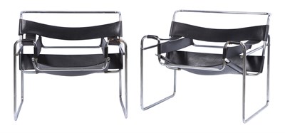 Lot 279 - Pair of Tubular Metal and Black Leather...