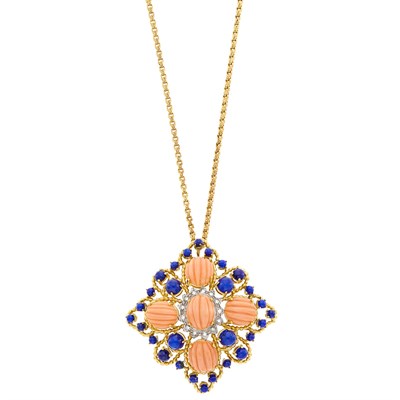 Lot 1170 - Spritzer & Fuhrmann Gold, Fluted Coral, Lapis and Diamond Pendant-Brooch with Chain Necklace