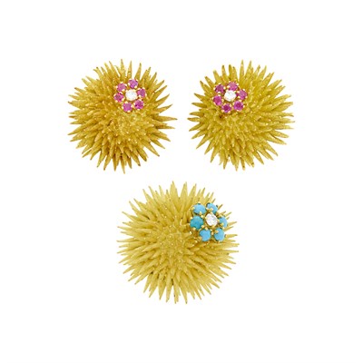 Lot 1076 - Tiffany & Co. Pair of Gold, Ruby and Diamond Sea Urchin Earclips and Gold, Turquoise and Diamond Clip-Brooch
