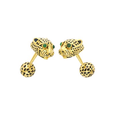 Lot 78 - David Webb Pair of Gold, Black Enamel and Cabochon Emerald Leopard Cufflinks