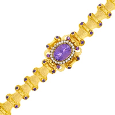 Lot 1157 - Antique Gold, Amethyst and Split Pearl Bracelet