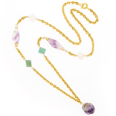 Lot 18 - Long Gold, Amethyst, Aventurine and Rose Quartz Bead Chain Necklace