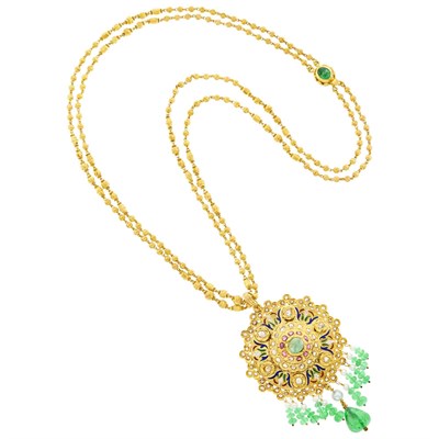 Lot 1163 - Double Strand Indian Gold Chain Necklace with Gold, Emerald, Diamond, Ruby, Cultured Pearl and Enamel Fringe Pendant