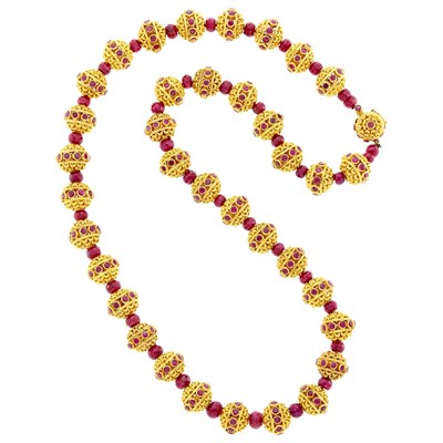 Lot 1155 - Indian High Karat Gold and Red Stone Bead Necklace