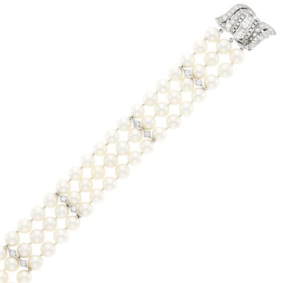 Lot 1205 - Triple Strand Cultured Pearl, White Gold and Diamond Bracelet