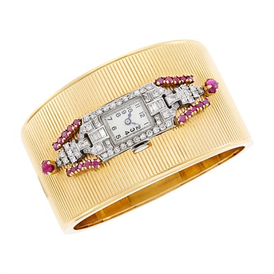 Lot 1112 - Gold, Platinum, Diamond and Ruby Cuff Bangle-Watch