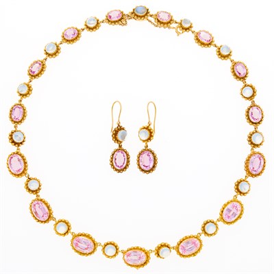 Lot 25 - Antique Gold, Pink Topaz and Moonstone Necklace and Pair of Pendant-Earrings