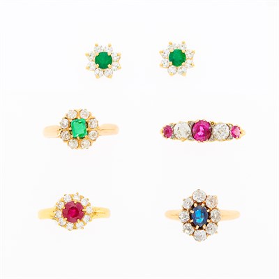 Lot 1132 - Four Gold, Gem-Set and Diamond Rings and Pair of Gold, Emerald and Diamond Earrings