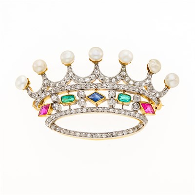 Lot 1113 - Antique Platinum, Gold, Diamond, Gem-Set and Pearl Crown Brooch