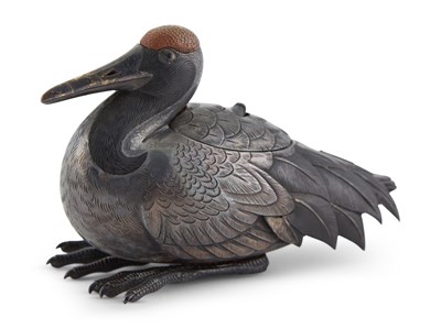 Lot 372 - A Fine Japanese Silver and Shakudo Crane-Form...