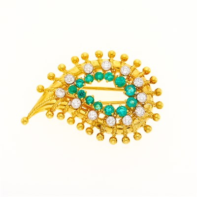 Lot 1007 - Tiffany & Co. Gold, Platinum, Emerald and Diamond Paisley Clip-Brooch
