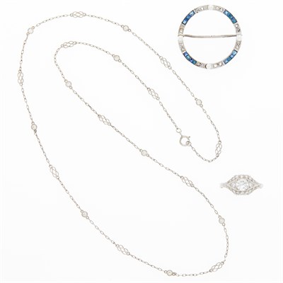 Lot 1117 - Platinum and Diamond Ring, Diamond Chain Necklace and Silver,  Sapphire, Diamond and Seed Pearl Circle Pin