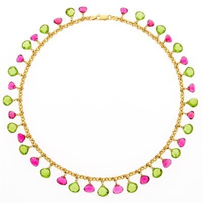 Lot 1020 - Gold, Peridot and Rubellite Fringe Necklace
