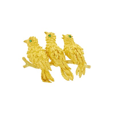 Lot 1164 - Gold and Emerald Three Birds Brooch