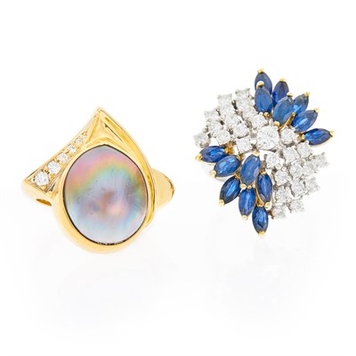 Lot 1226 - Two-Color Gold, Sapphire and Diamond Ring and Gold, Gray Mother-of-Pearl and Diamond Ring