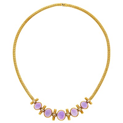 Lot 1026 - Gold, Cabochon Amethyst and Diamond Necklace