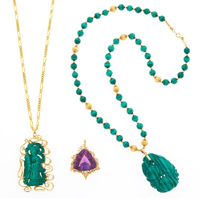 Lot 1080 - Gold, Amethyst and Diamond Pendant and Two Gold, Gilt-Metal and Malachite Pendant-Necklaces