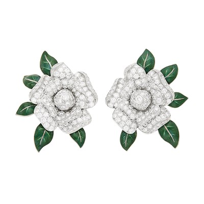 Lot 217 - Oscar Heyman & Brothers Pair of Platinum, White Gold, Diamond and Green Enamel Gardenia Flower Earclips