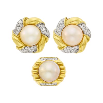 Lot 35 - Pair of Two-Color Gold, Mabé Pearl and Diamond Earclips and Ring