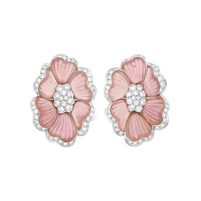 Lot 118 - Pair of White Gold, Carved Pink Glass and Diamond Flower Earclips