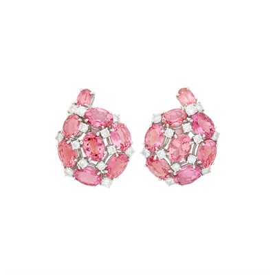Lot 115 - Pair of White Gold, Pink Tourmaline and Diamond Earclips