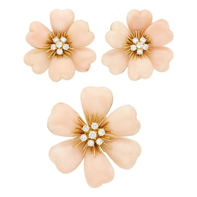 Lot 158 - Gold, Angel Skin Coral and Diamond Flower Clip-Brooch and Pair of Earclips