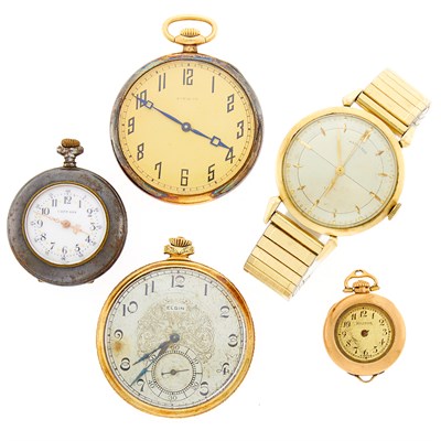 Lot 1152 - Group of Gold, Gold-Filled, Metal and Silver Open Face Pocket Watches and Hamilton Wristwatch