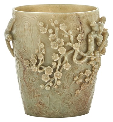 Lot 85 - A Large Chinese Celadon Jade Brush Pot...