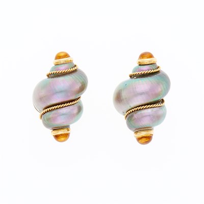 Lot 1024 - Maz Pair of Gold, Gray Shell and Cabochon Citrine Earclips