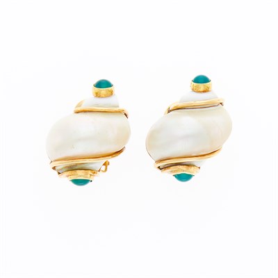 Lot 1001 - Seaman Schepps Pair of Gold, Shell and Green Onyx 'Turbo Shell' Earclips