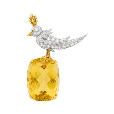 Lot 190 - Tiffany & Co., Schlumberger Platinum, Gold, Diamond and Citrine 'Bird on a Rock' Brooch