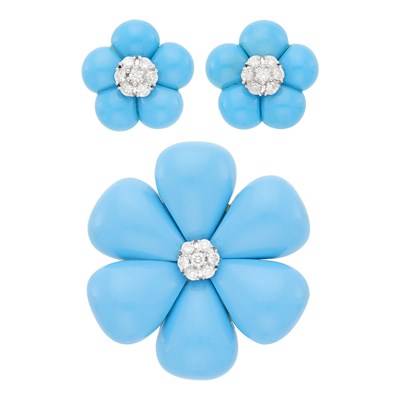 Lot 148 - White Gold, Reconstituted Turquoise and Diamond Flower Clip-Brooch and Pair of Earclips