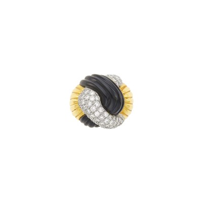 Lot 172 - Two-Color Gold, Fluted Black Onyx and Diamond Knot Ring