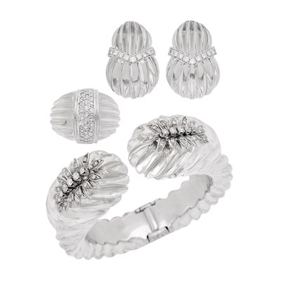 Lot 117 - White Gold, Carved Rock Crystal and Diamond Bangle Bracelet and Pair of Earclips and Maz Ring