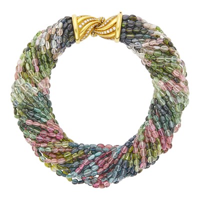 Lot 155 - Asprey Multistrand Multicolored Tourmaline Bead, Gold and Diamond Torsade Necklace