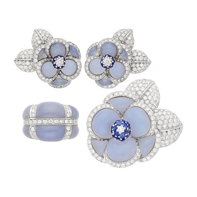 Lot 112 - White Gold, Blue Chalcedony, Diamond and Sapphire Flower Clip-Brooch, Pair of Earclips and Bombé Ring