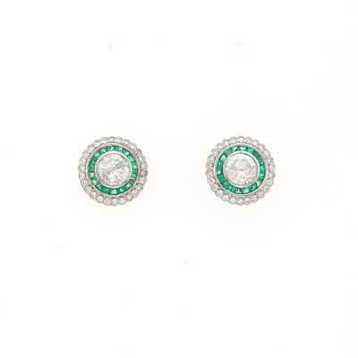 Lot 1261 - Pair of White Gold, Diamond and Emerald Stud Earrings