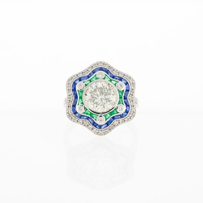 Lot 1122 - Platinum, Diamond, Sapphire and Emerald Ring