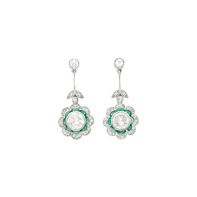 Lot 130 - Pair of Platinum, Diamond and Emerald Pendant-Earrings