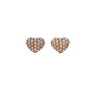 Lot 1177 - Pair of Two-Color Gold and Colored Diamond Heart Earrings