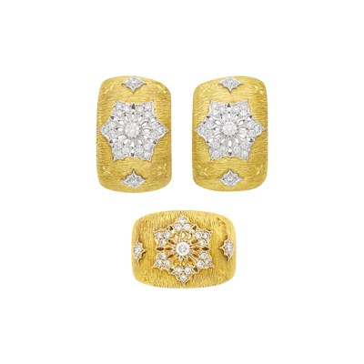 Lot 51 - Pair of Two-Color Gold and Diamond Half-Hoop Earrings and Ring