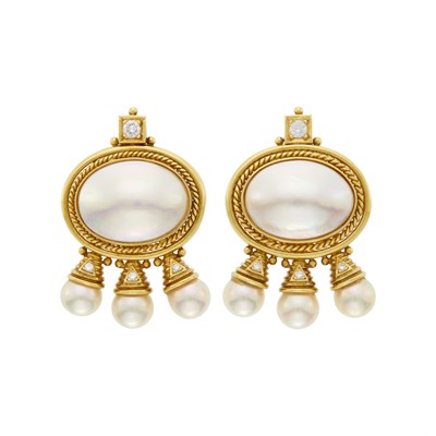 Lot 41 - Pair of Gold, Mabé and Cultured Pearl and Diamond Earclips